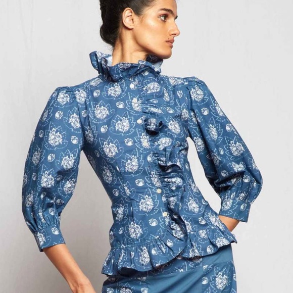 Batsheva Nora Blouse - Antique Blue Floral, Size 2 - Picture 5 of 8